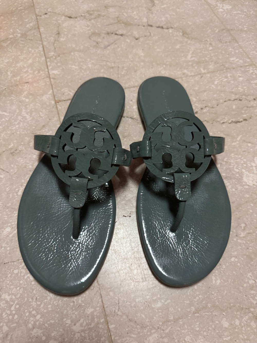 Tory Burch Glossy Bluish Logo Thong Sandals